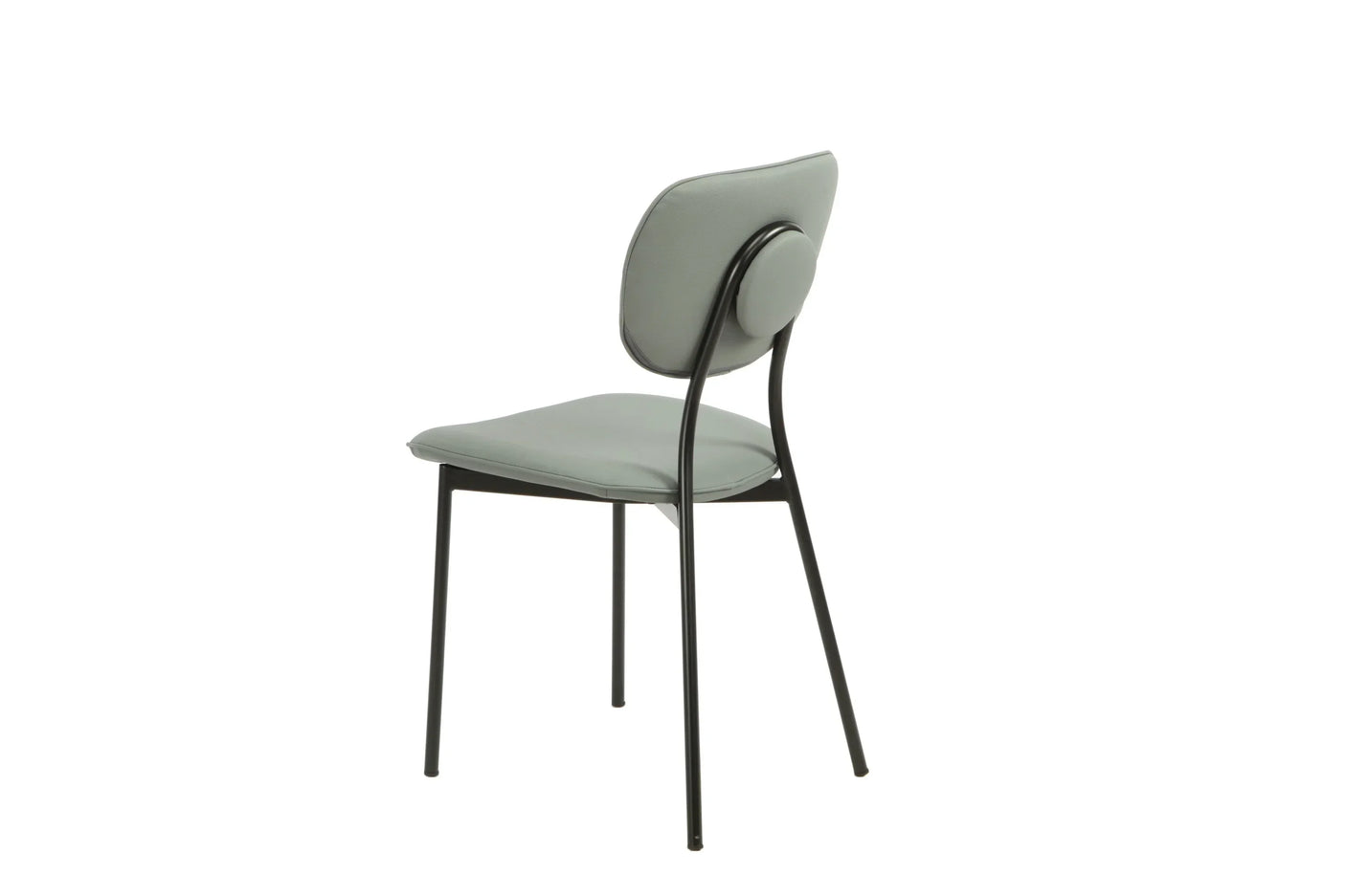 Grey dining chair with padded seat, curved backrest and black metal legs, side view