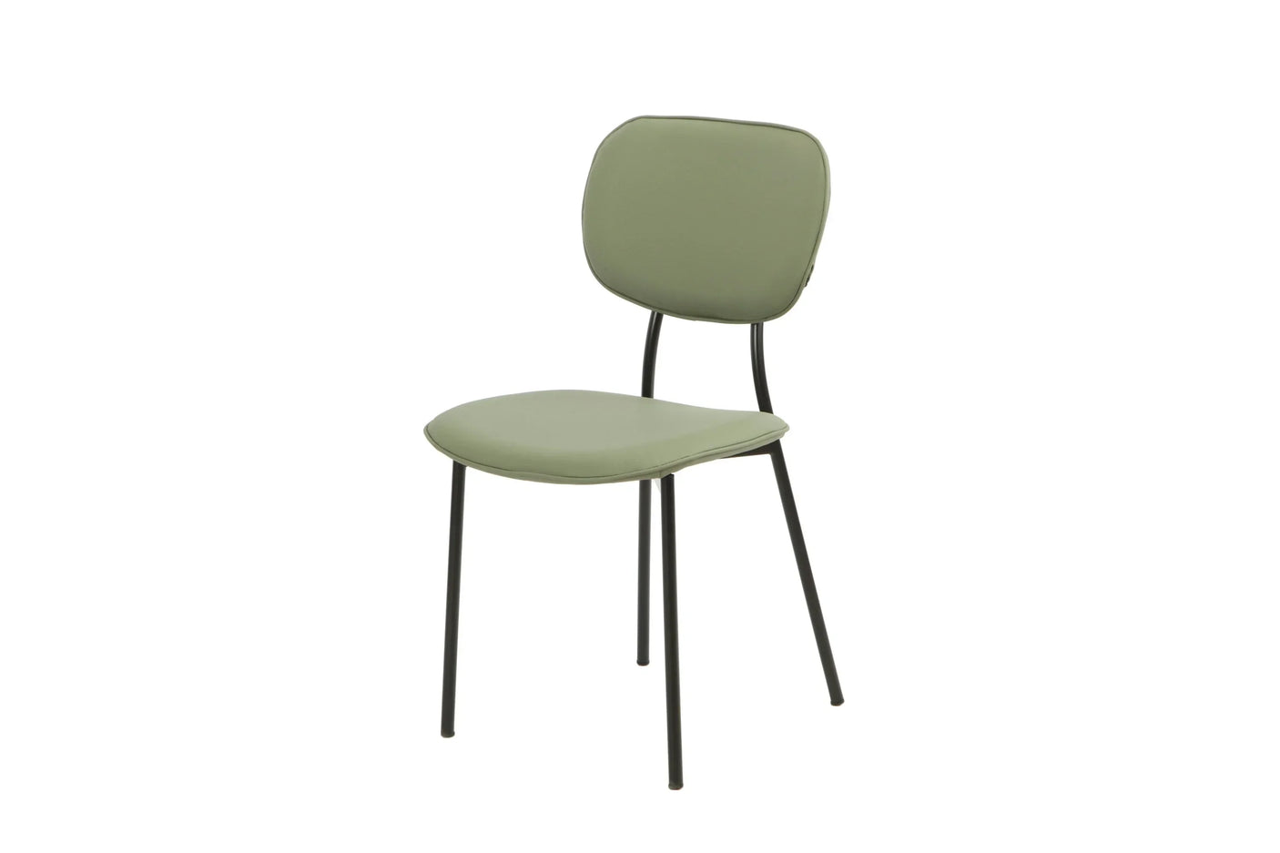 Sage green dining chair with cushioned seat and backrest, black metal legs, side angle view
