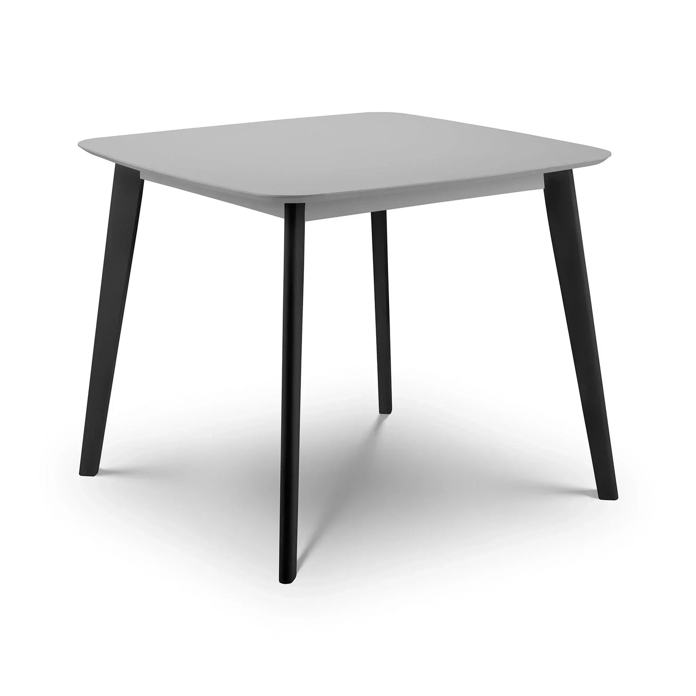Grey dining table with square top and black angled legs on white background
