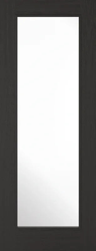 Charcoal black glazed internal door with large central clear glass panel, vertical view