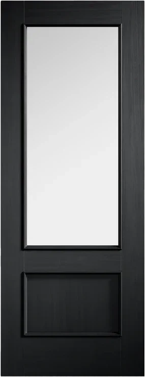 Charcoal black glazed interior door with large central glass panel and lower wood panel