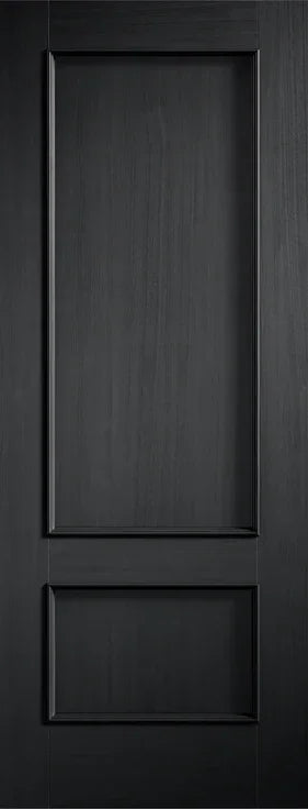 Charcoal black door panel with two recessed rectangular sections and wood grain finish