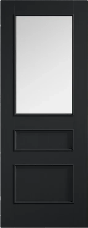 Charcoal black glazed interior door with three panel design and large glass window