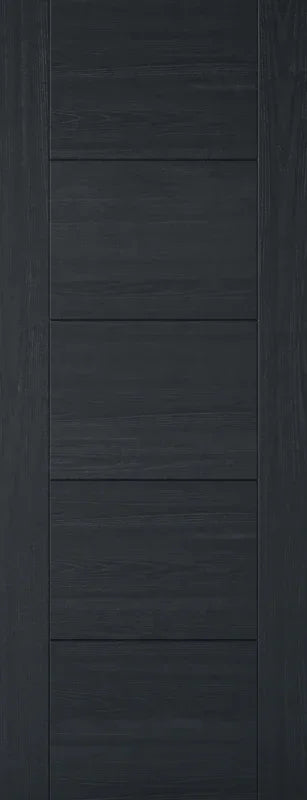 Charcoal black interior door with five horizontal panels and wood grain texture