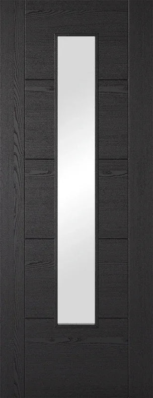 Charcoal black glazed internal door with vertical glass panel and wood grain finish