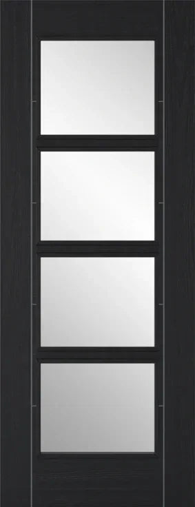 Charcoal black glazed door with four clear glass panels, vertical wood grain texture