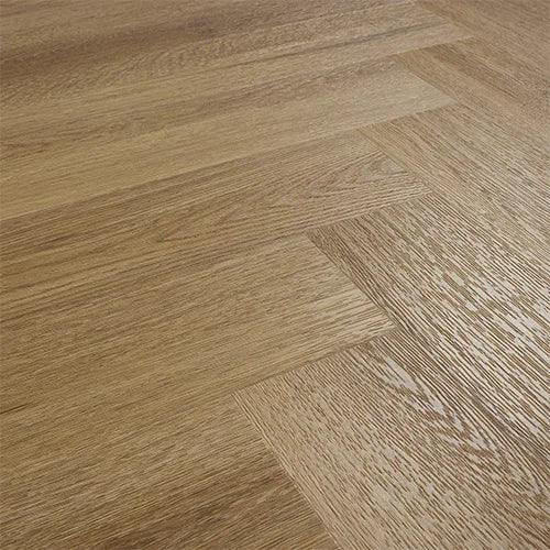 Chestnut wood effect flooring in herringbone pattern with textured grain detail