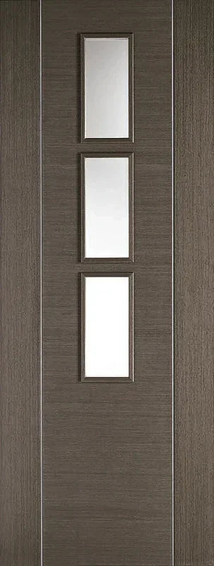 Chocolate grey glazed interior door with three vertical glass panels