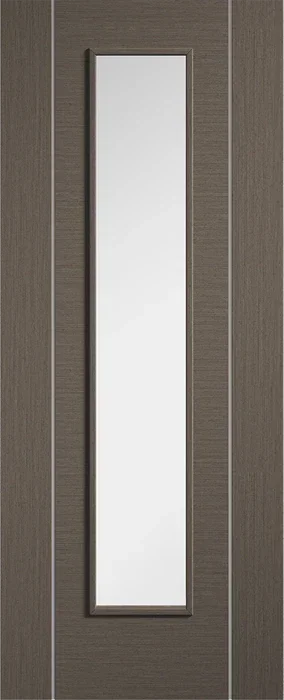 Chocolate grey interior door with long glazed glass panel and modern wood grain texture