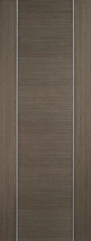 Chocolate grey interior door with vertical panel design and wood grain texture