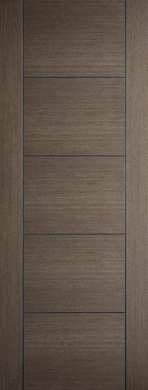 Chocolate grey interior door with horizontal panel design and wood grain finish