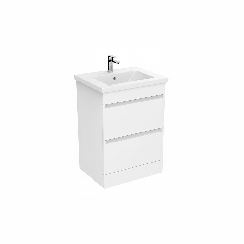 White floor standing bathroom vanity unit with twin drawer storage | Home Centre Direct UK