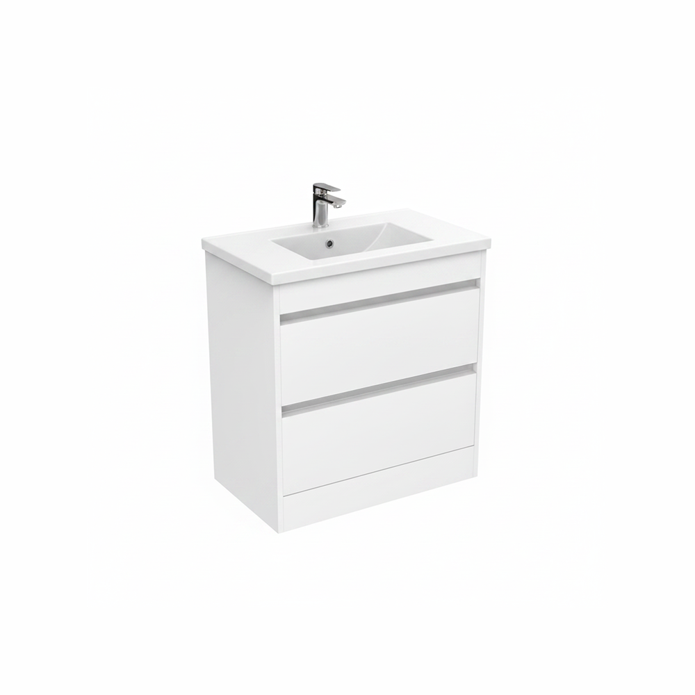 White floor standing bathroom vanity unit with double drawer storage | Home Centre Direct UK