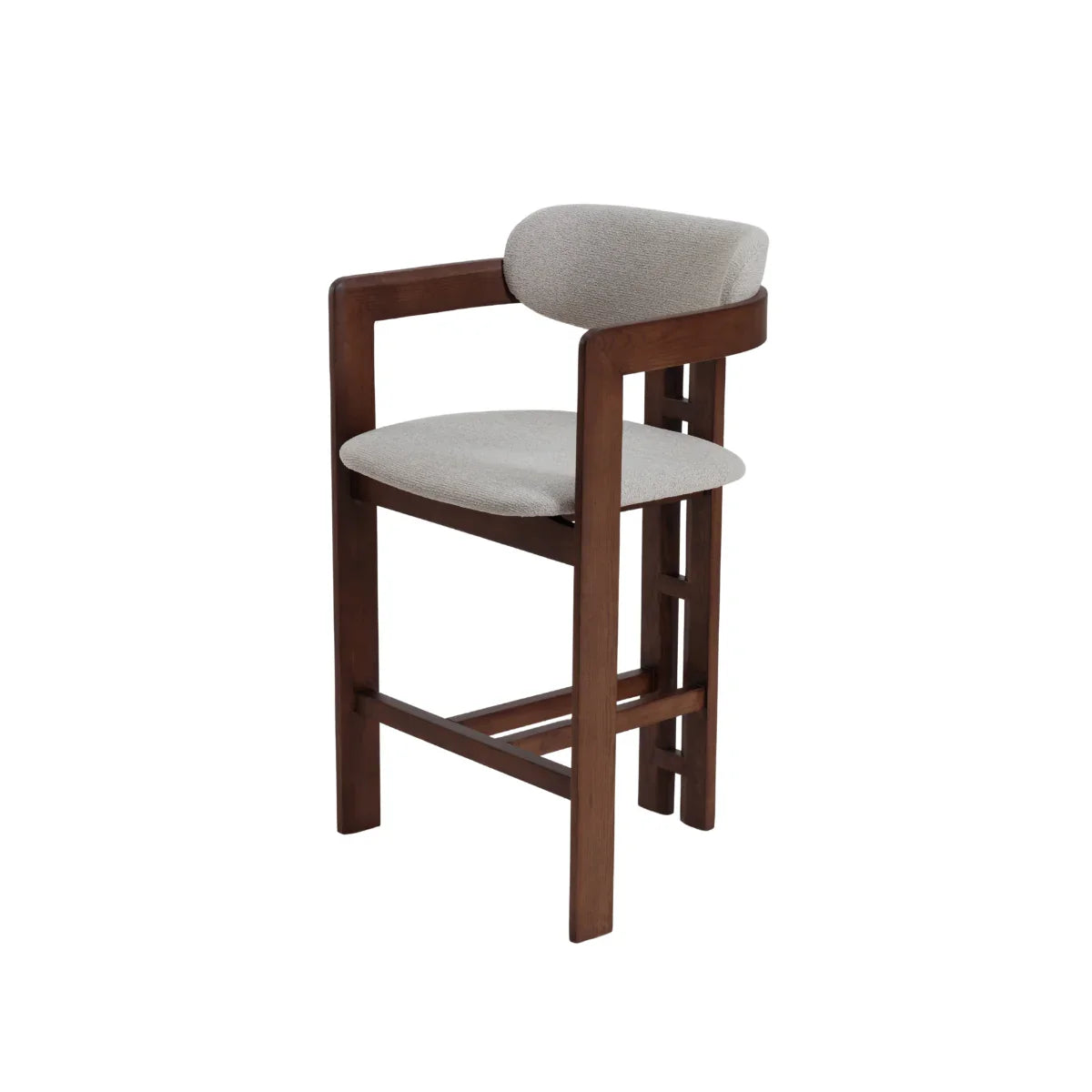 Modern barstool with dark wood frame and light fabric seat and backrest, side angle view