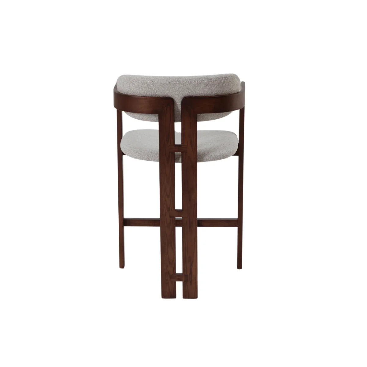 Rear view of barstool with dark wood frame and light upholstered seat and backrest