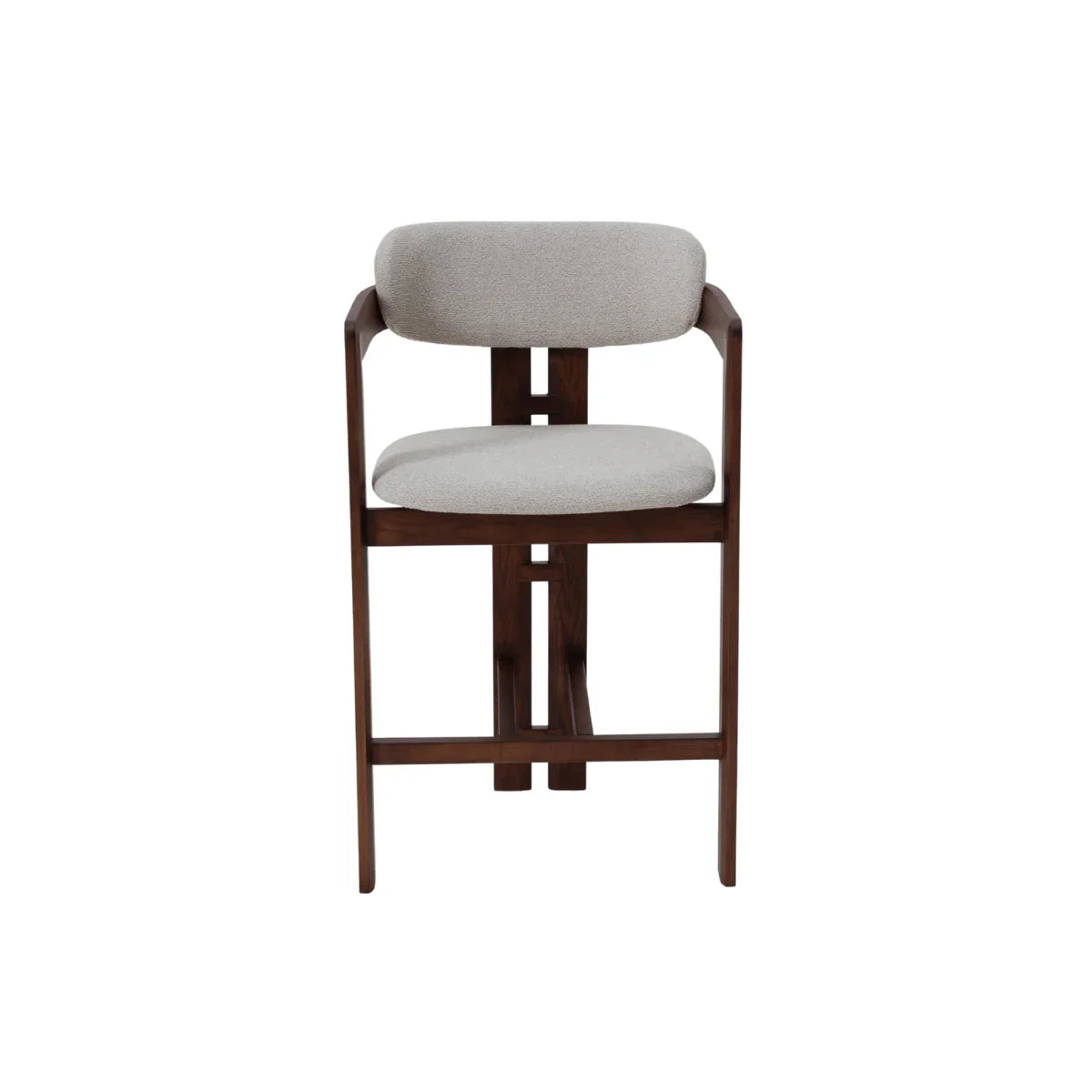 Modern barstool with light fabric seat, curved wood frame, and low backrest, front view