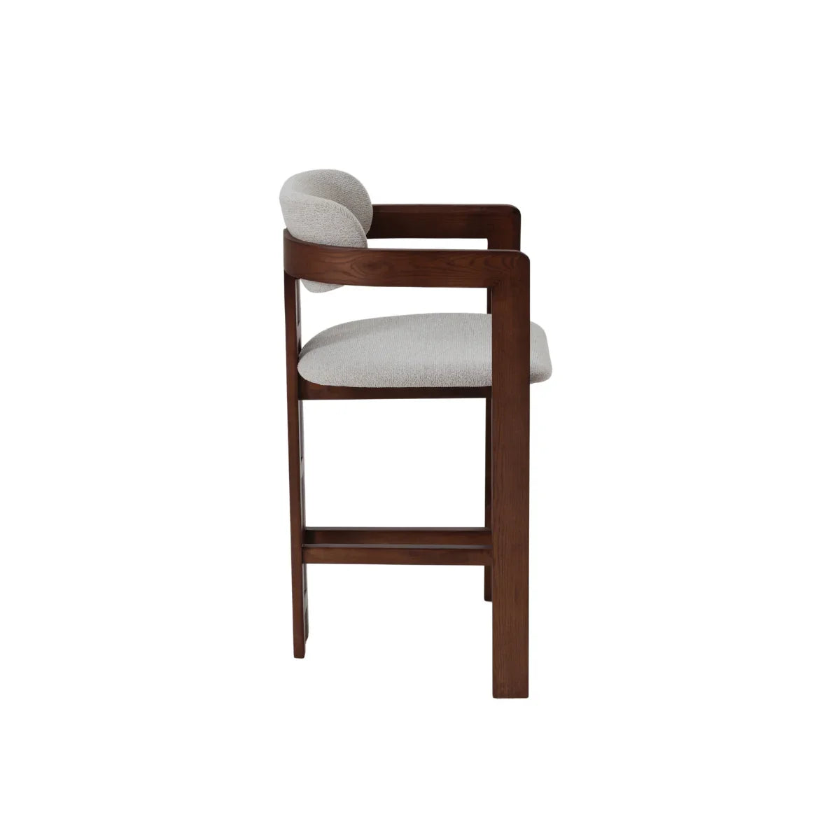 Light fabric bar stool with wooden frame and armrests, side view
