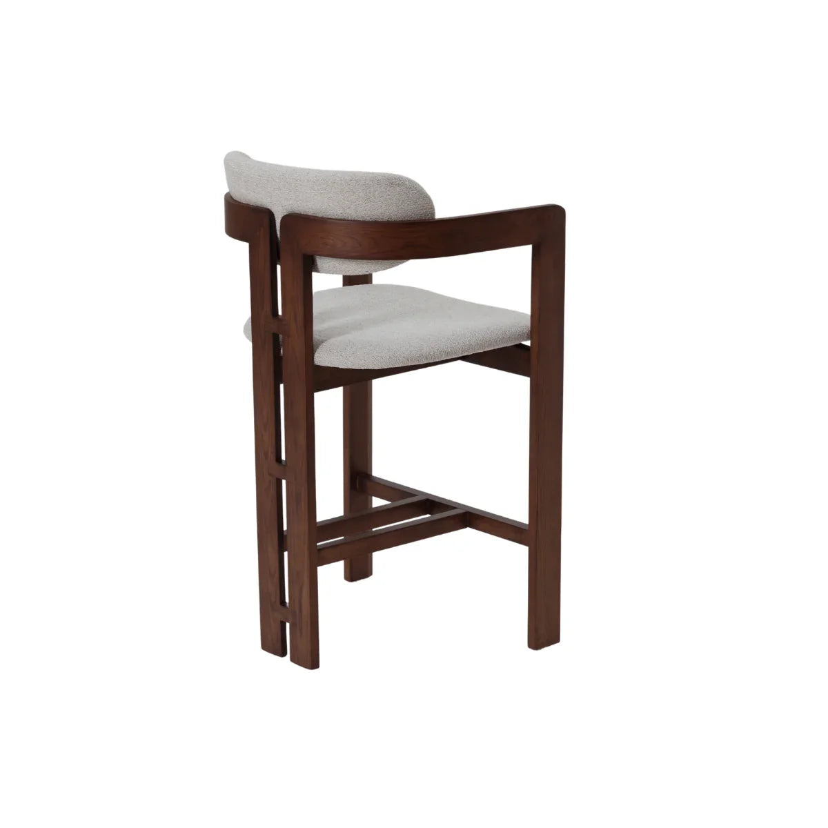 Clara bar stool with light fabric seat and curved wooden frame, rear angle view