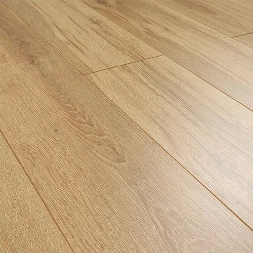 Classic oak laminate flooring with natural wood grain and matte finish, close-up view