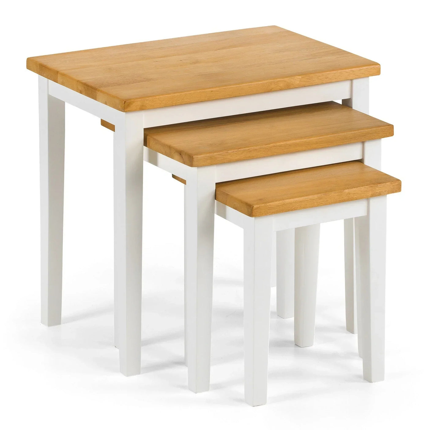 White oak nest of tables with natural wood tops and white legs, three sizes stacked together
