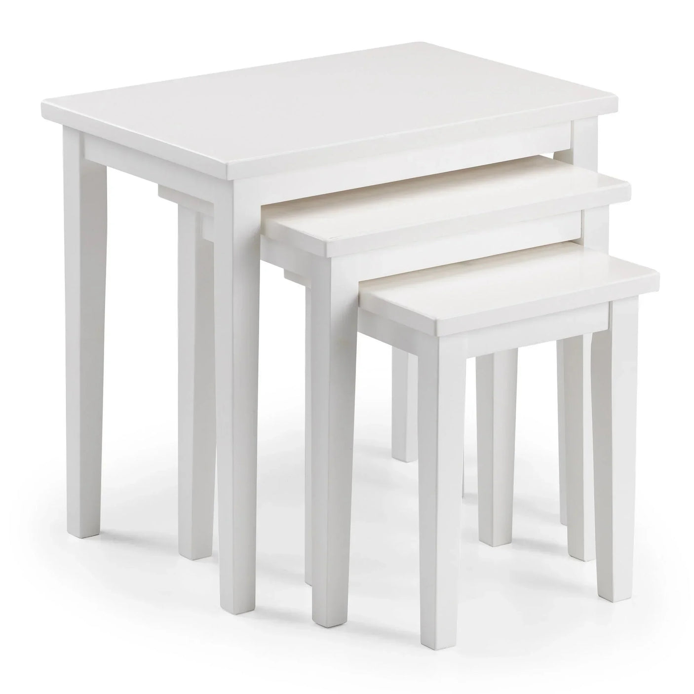White wood nest of tables set with three rectangular tables stacked together