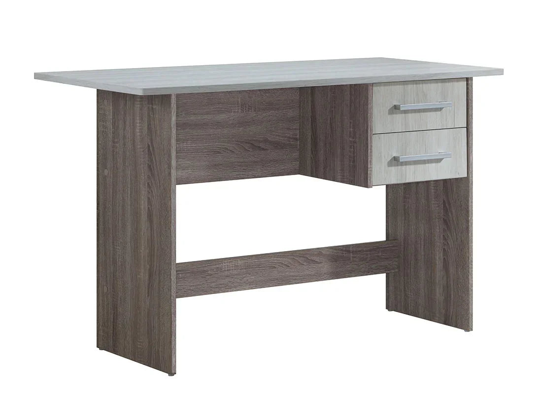 Modern wood computer desk with two drawers and silver handles, front angle view