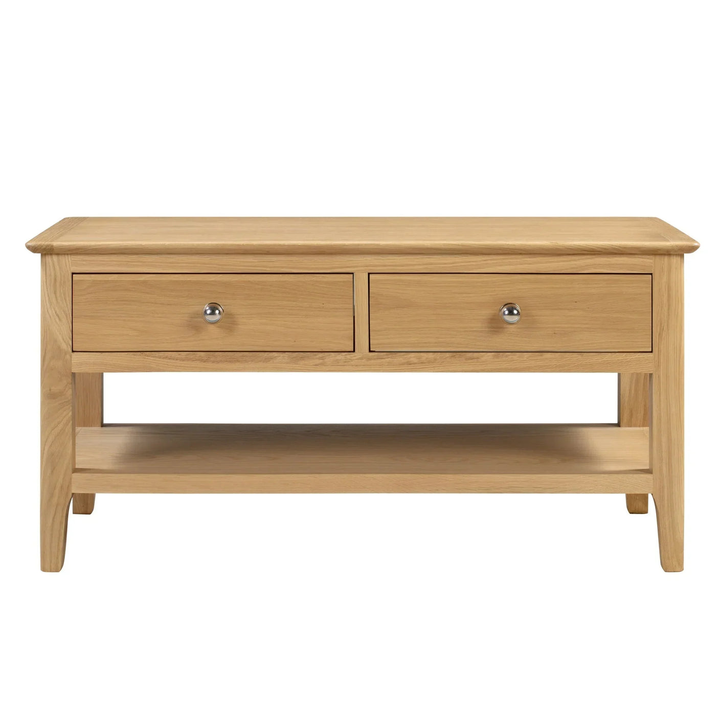 Oak coffee table with two front drawers and lower shelf, shown from the front