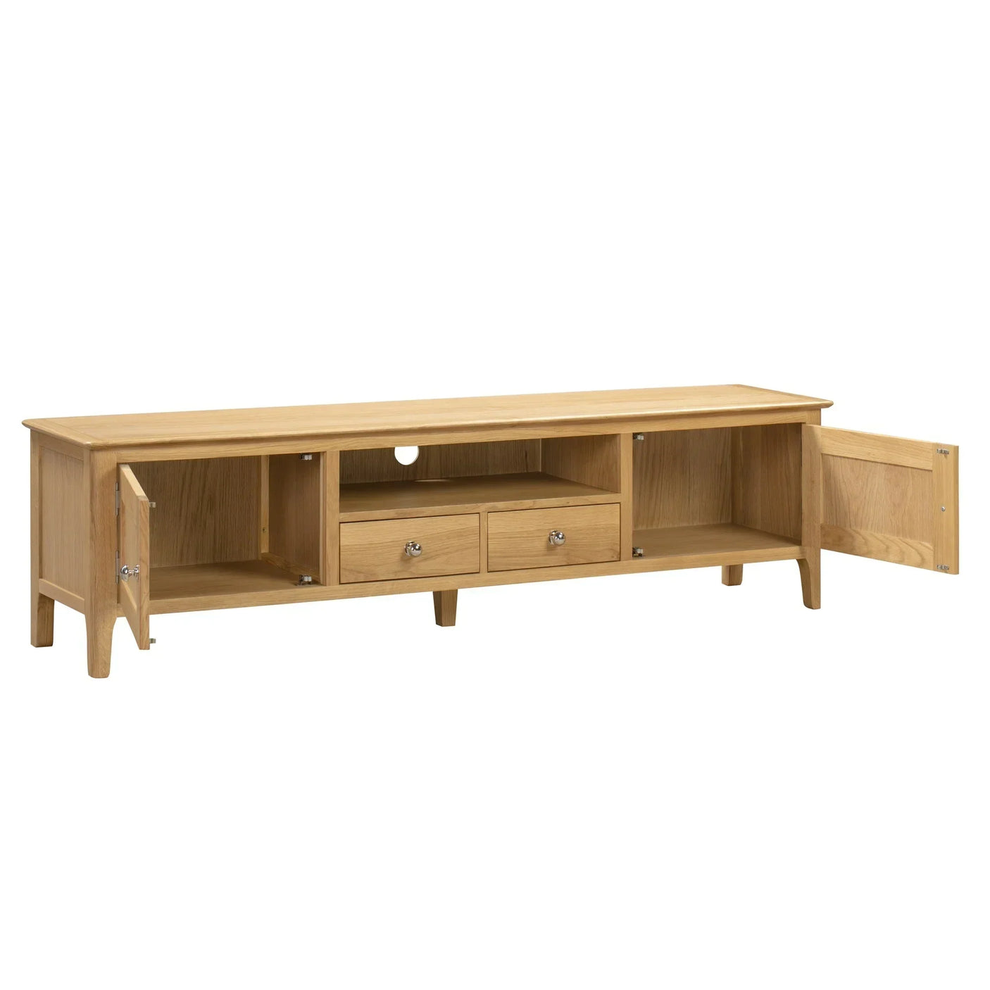 Oak wide screen TV unit with two drawers, open shelves, and side cupboards