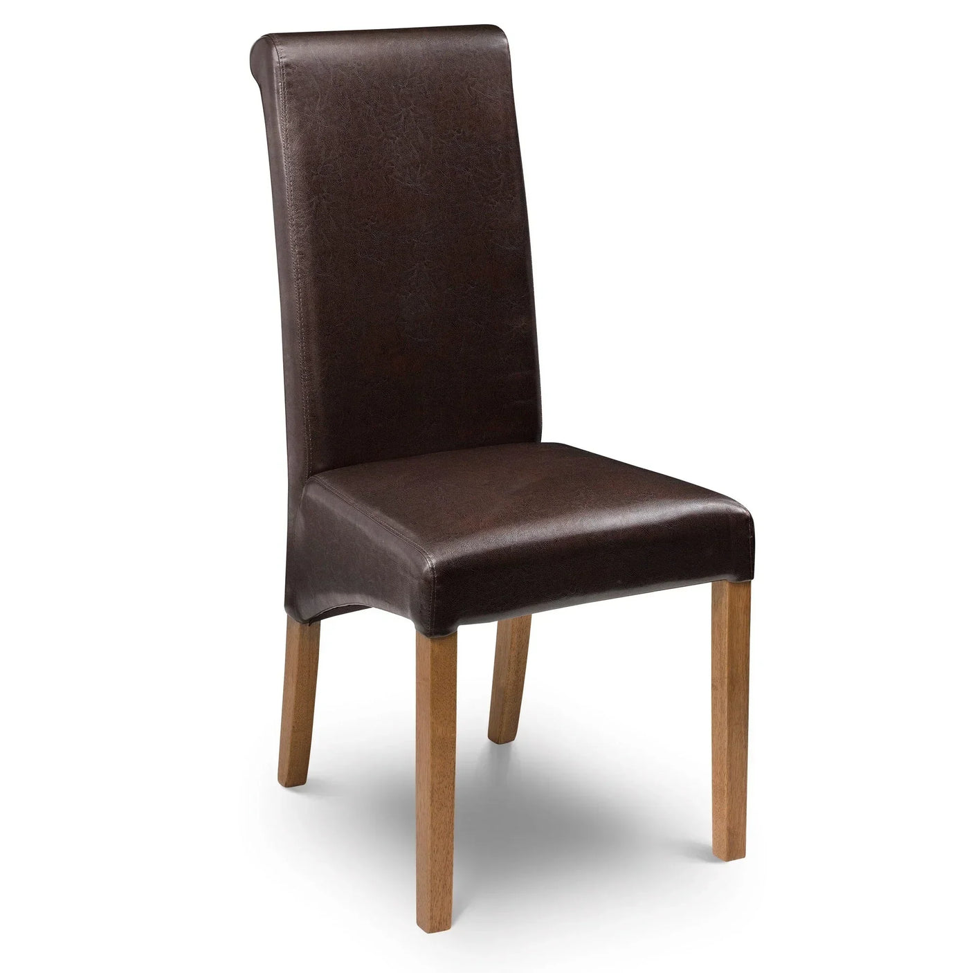 Brown leather dining chair with wooden legs, high back, front side view