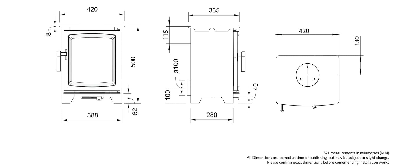 Wood burning stove technical drawing with front, side, and top dimensions labeled in millimeters