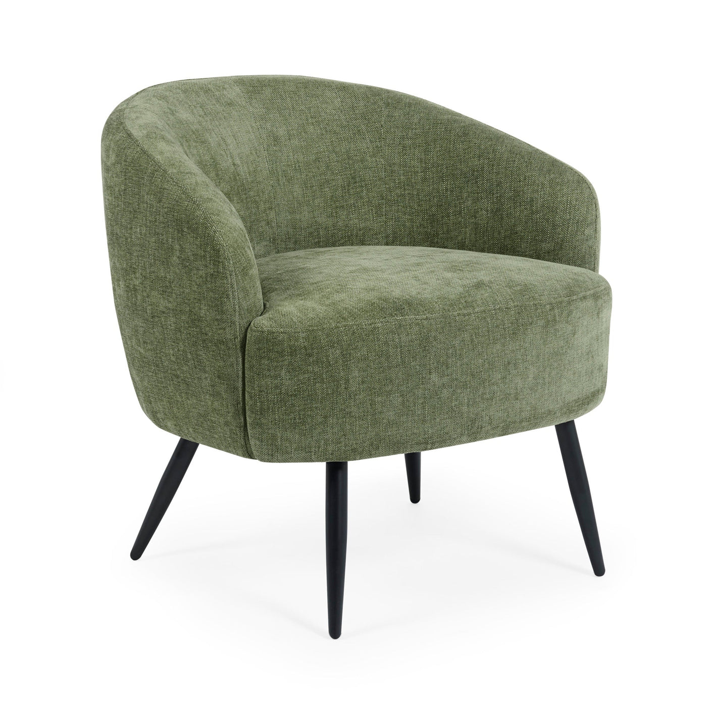 Green fabric accent chair angled view showing rounded backrest and black tapered legs on white background.
