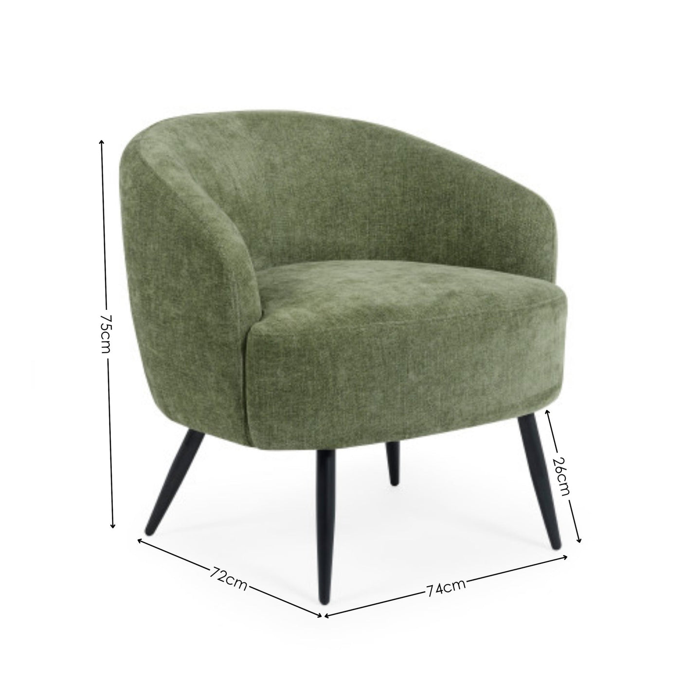 Green fabric accent chair with curved back and black tapered legs with dimensions markings