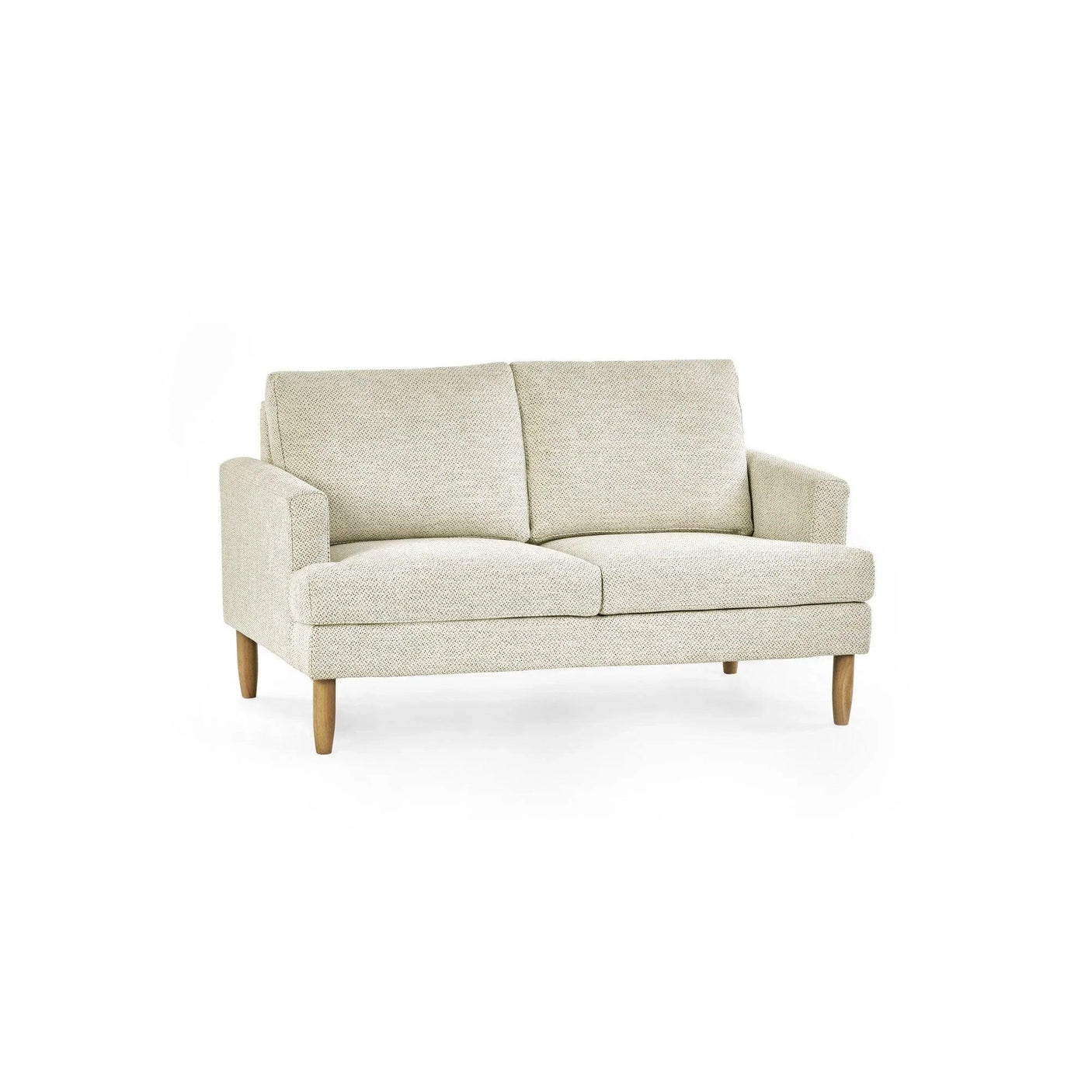 Beige fabric two seater sofa with wooden legs and slim arms on white background