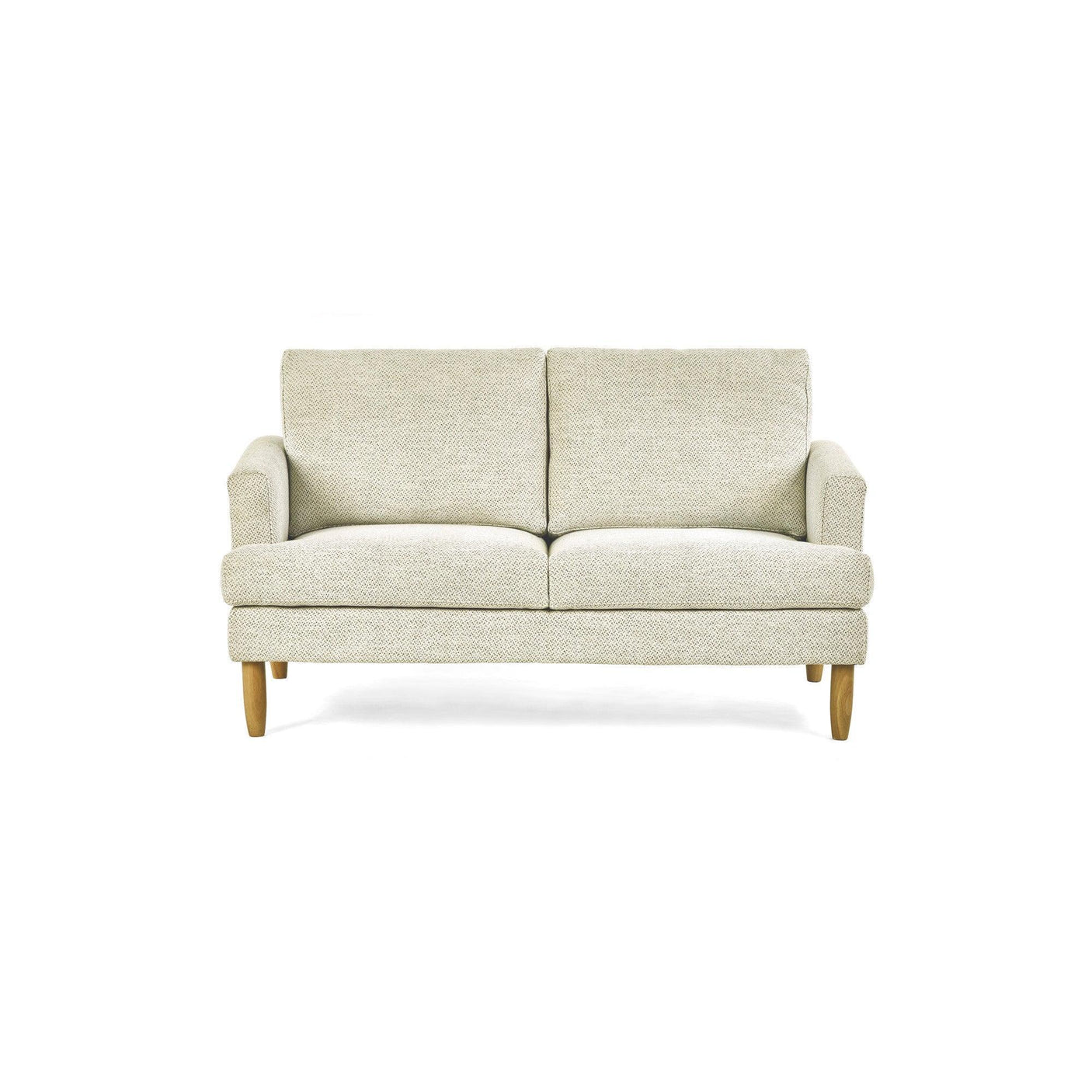 Beige fabric sofa with wooden legs, straight armrests, and twin back cushions, front view