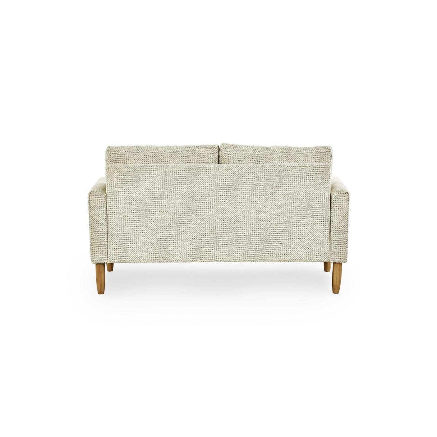 Beige fabric sofa rear view with wooden legs and clean lines