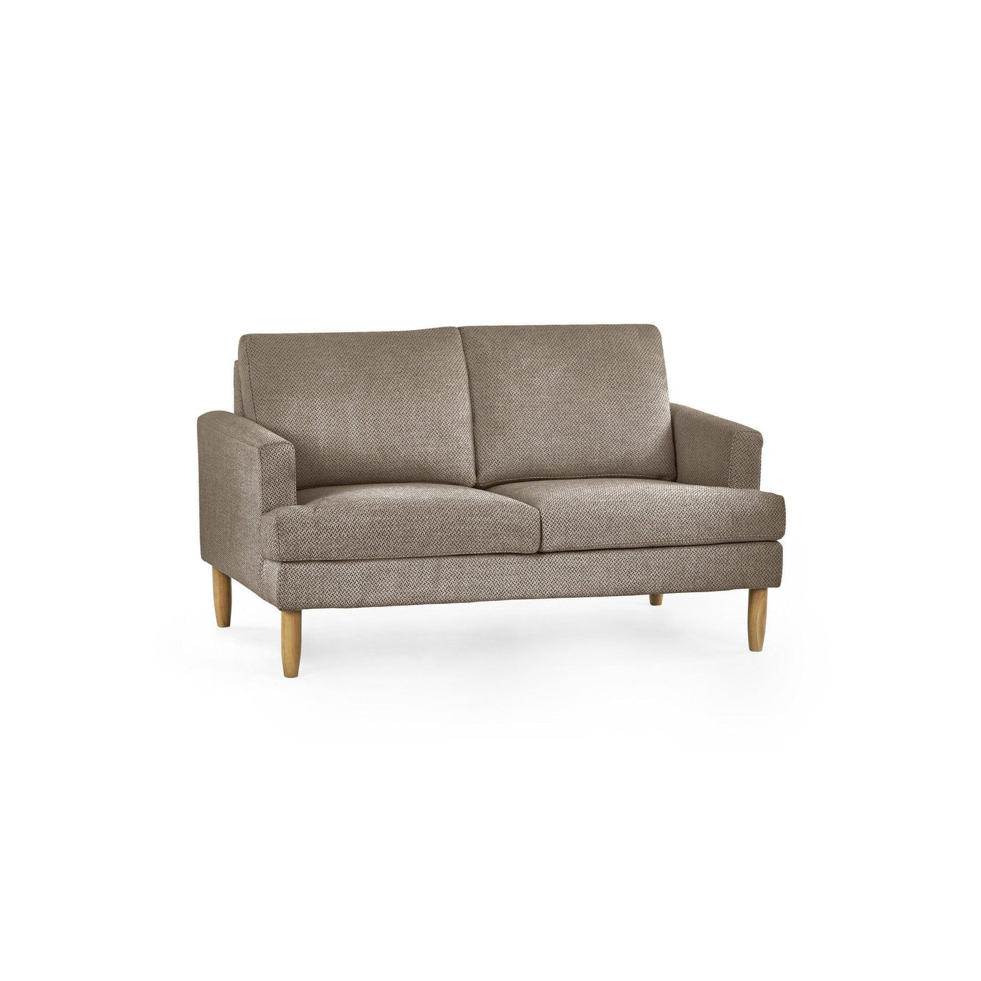 Beige fabric two seater sofa with wooden legs and slim arms on white background