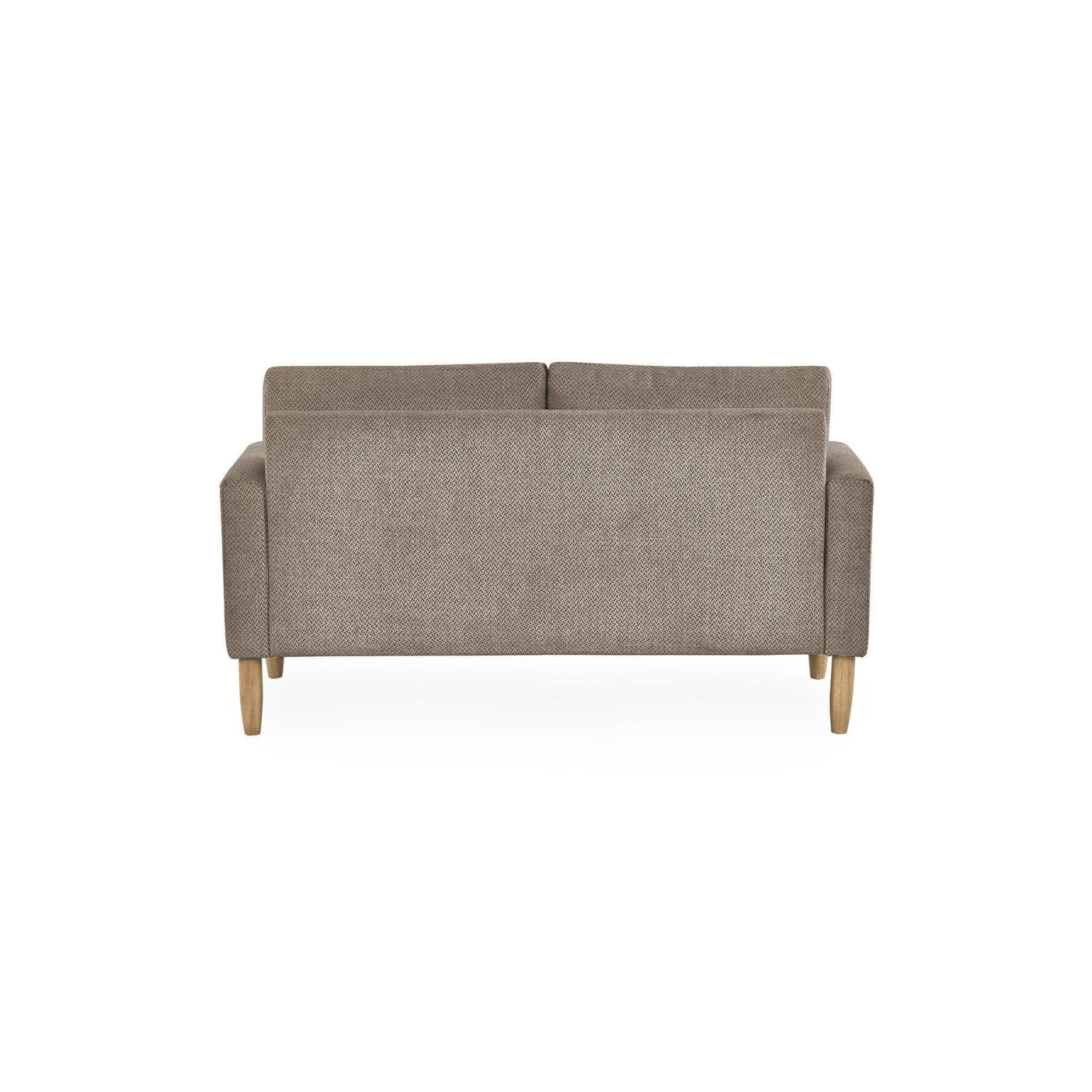 Rear view of beige fabric sofa with wooden legs on white background