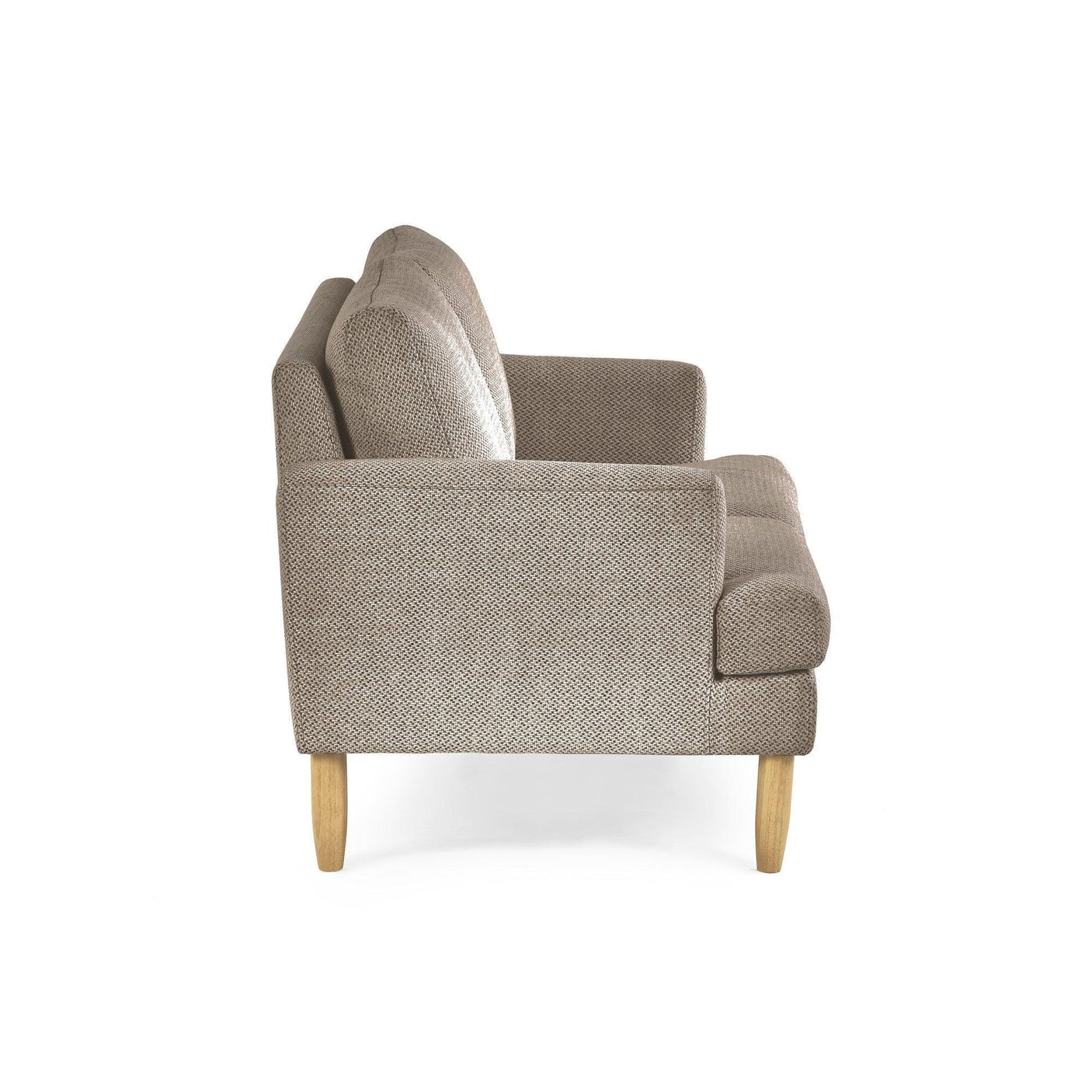 Side view of fabric sofa with wooden legs and textured beige upholstery