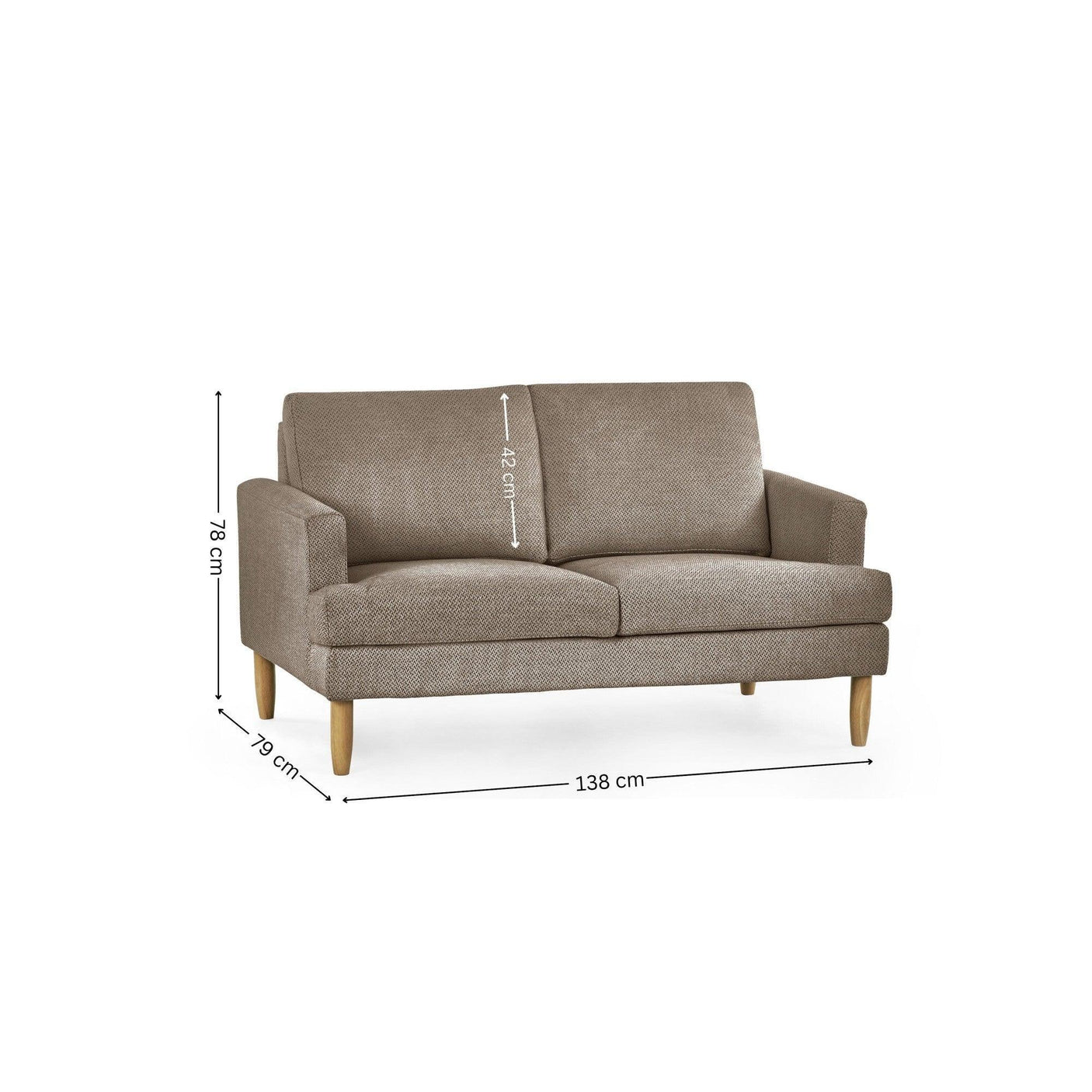 brown fabric sofa with wooden legs and visible dimensions, 138 cm wide, 79 cm deep, 78 cm high