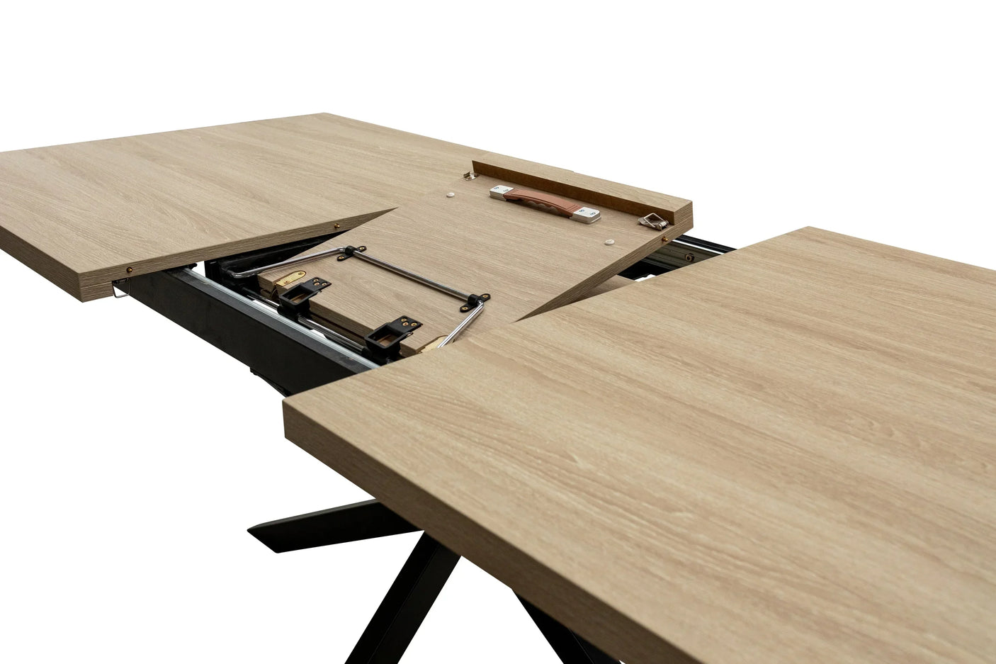 Oak finish extending dining table showing sliding extension mechanism