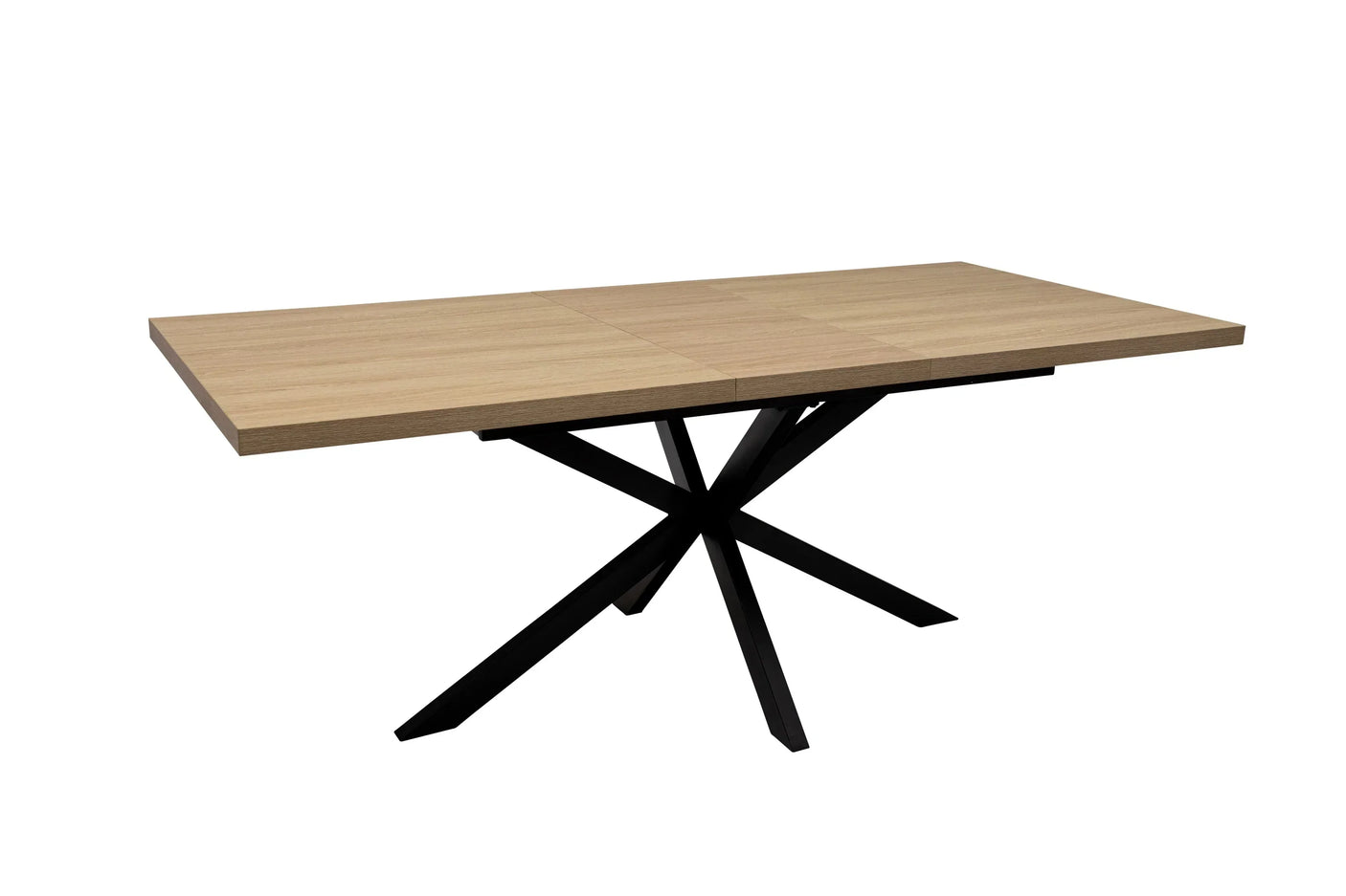 Rectangular wood dining table with black metal spider legs, modern minimalist design