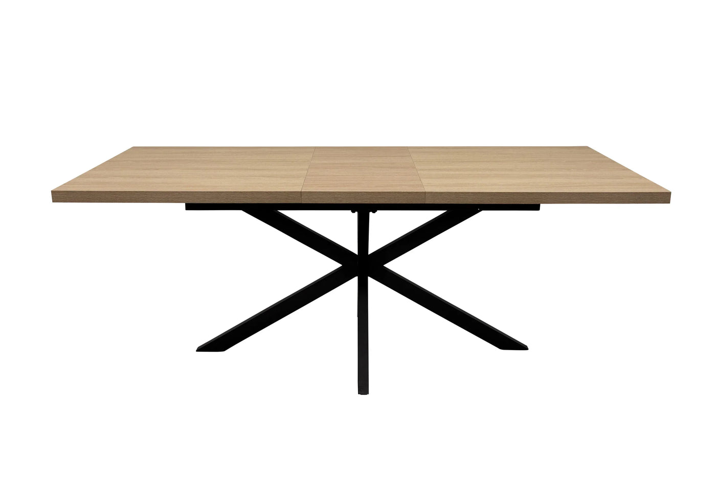 Rectangular oak dining table with black metal crossed legs, front angle view