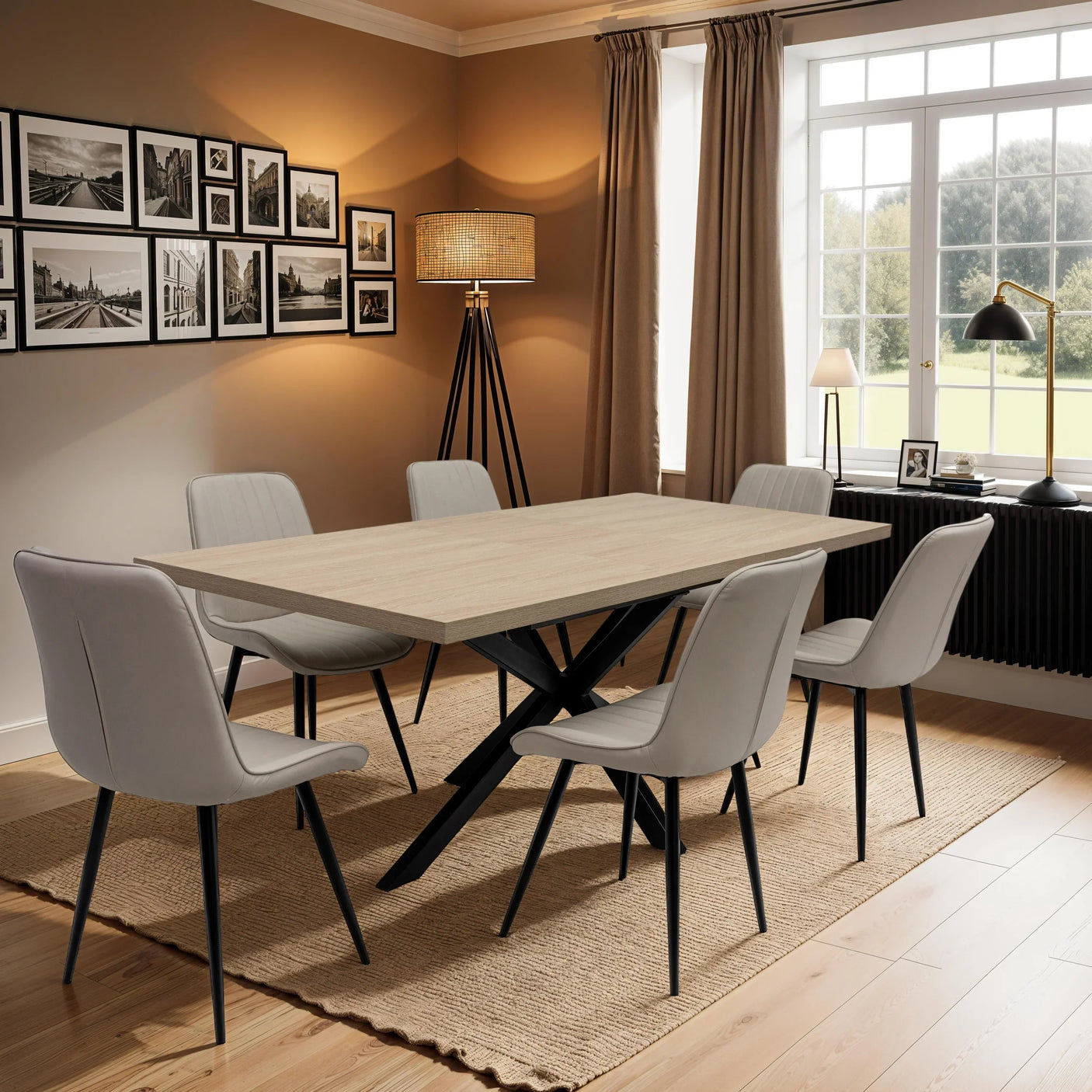 Light wood dining table with six grey upholstered chairs in modern dining room