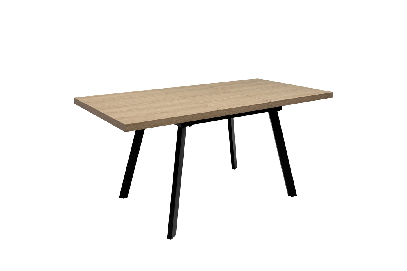 Rectangular wooden dining table with black angled metal legs on white background