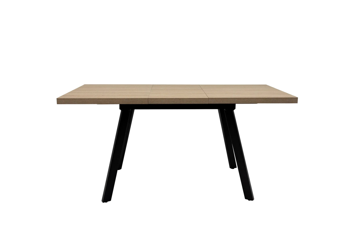 Oak dining table with black angled metal legs, modern rectangular design front view