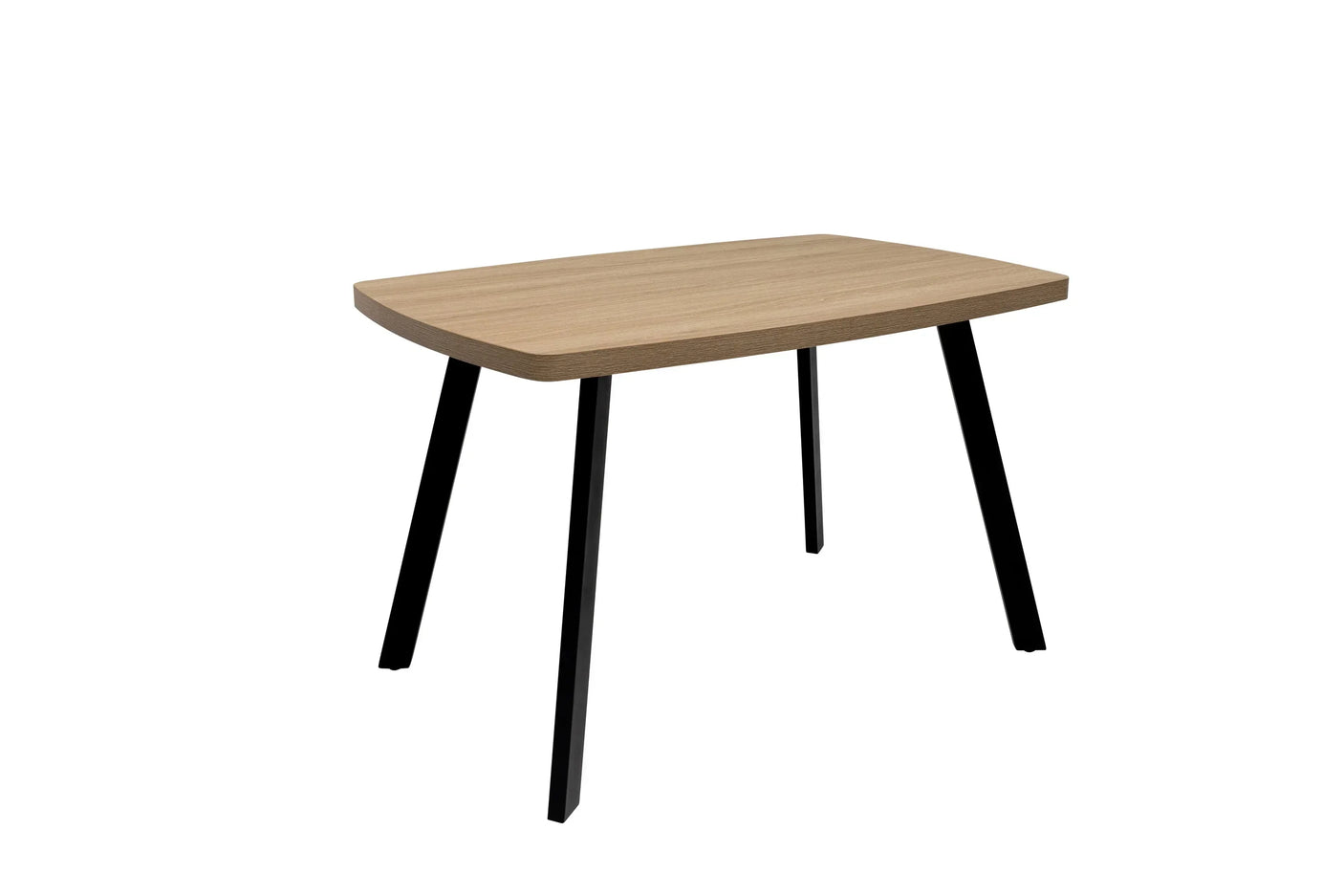 Rectangular wooden dining table with black metal legs, shown at an angle on white background