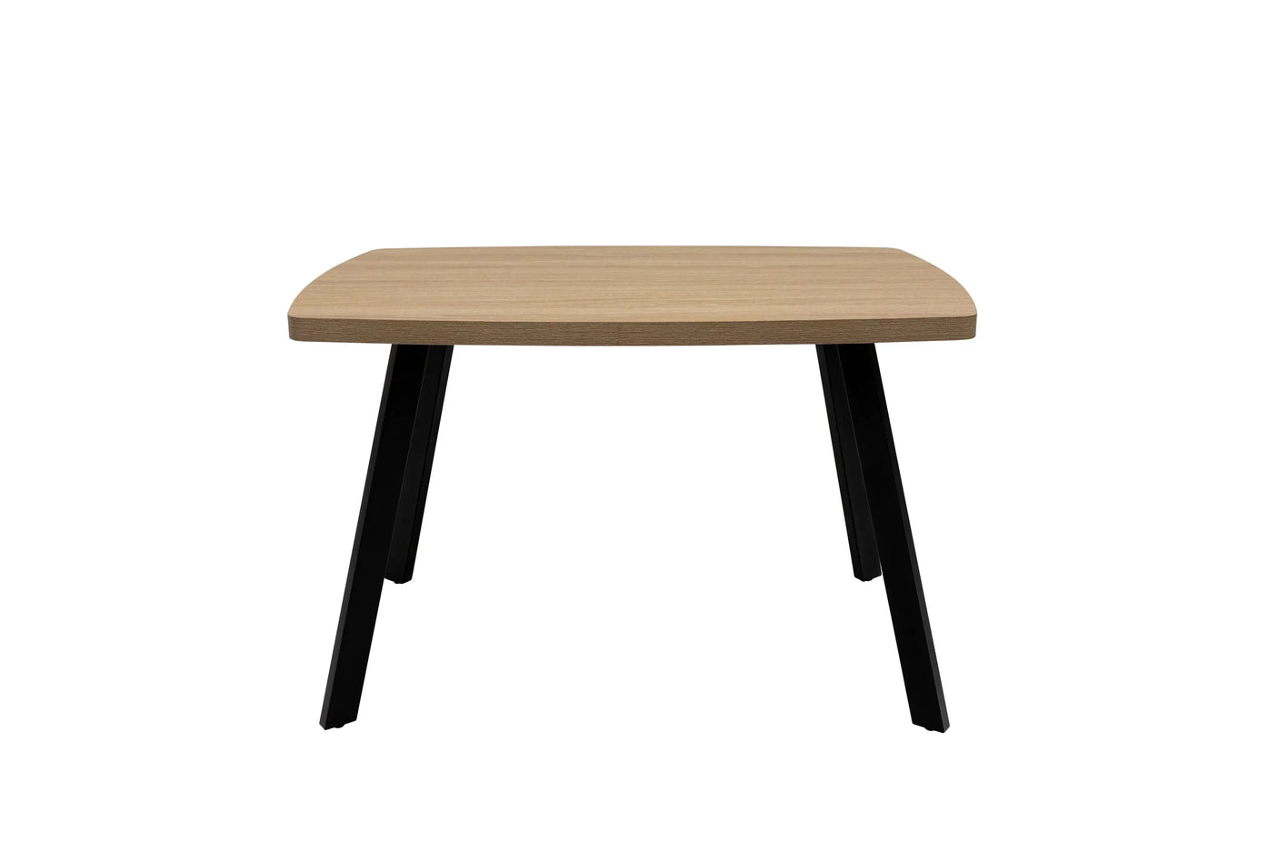 Square wooden coffee table with black metal legs, front view
