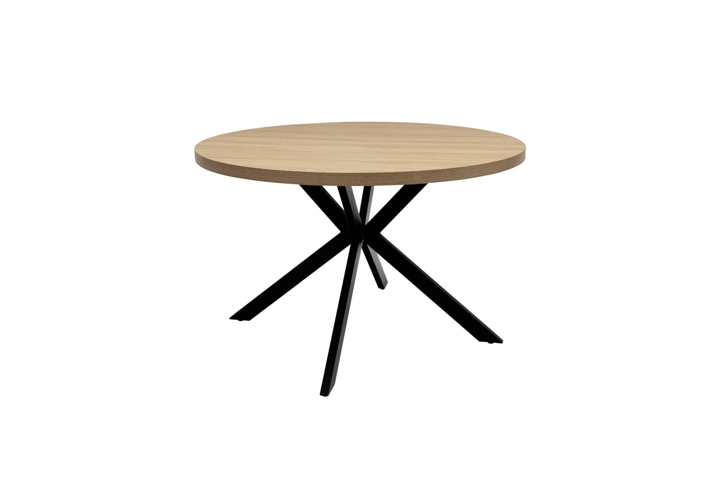 Round dining table with light wood top and black metal crossed legs