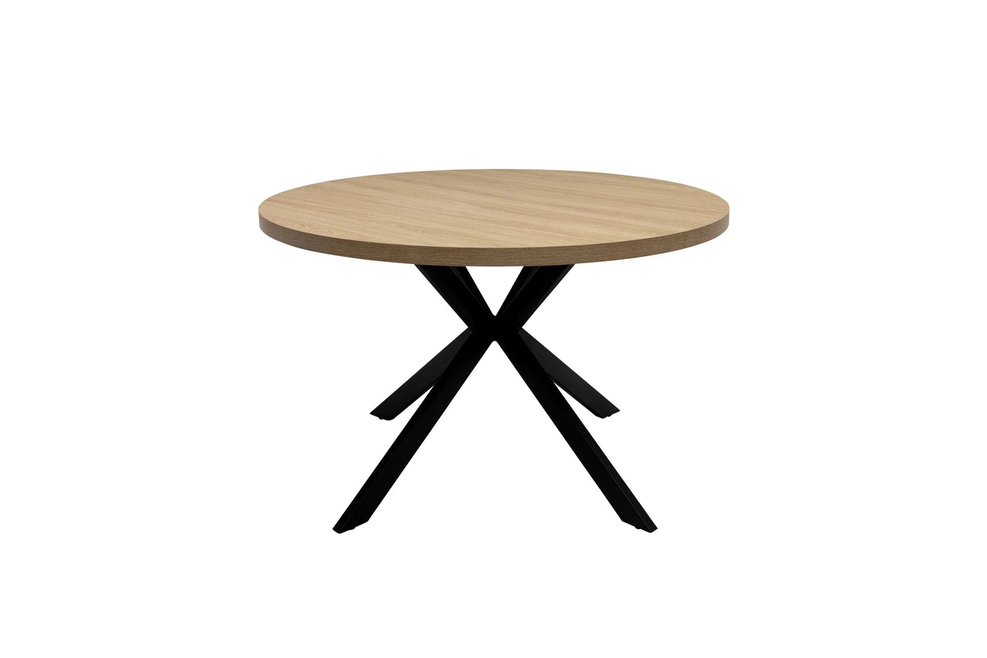Round dining table with light wood top and black crossed metal legs on white background