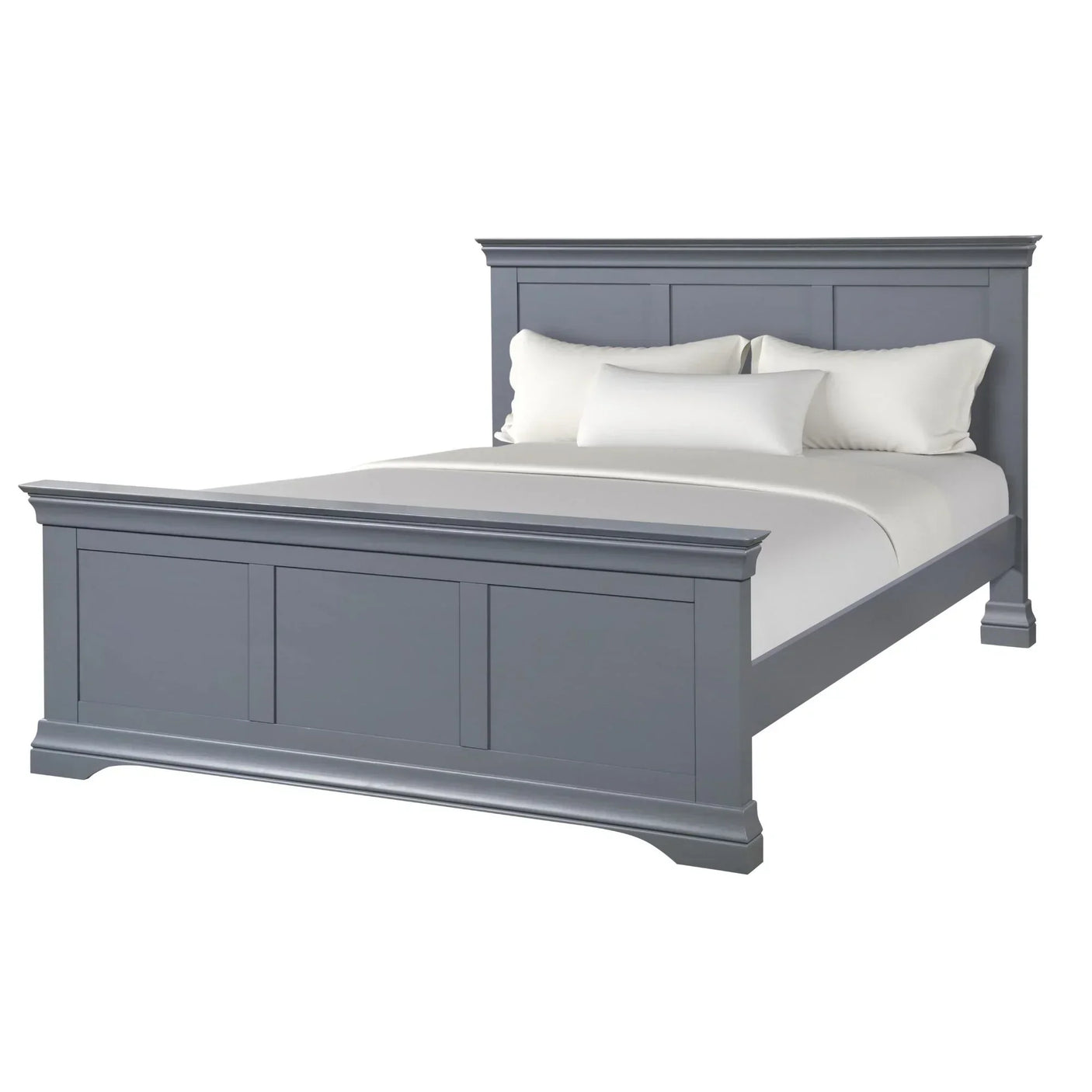 Grey wooden bed frame with panel detailing and white bedding, angled front view